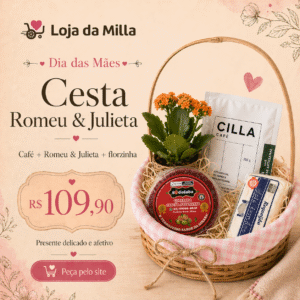 Card quadrado em tons suaves de bege e rosa, com elementos florais delicados nos cantos. À direita, cesta de vime com forro xadrez rosa, contendo uma florzinha laranja, embalagem de café branca, goiabada cascão redonda e requeijão. À esquerda, texto com o nome “Cesta Romeu & Julieta”, descrição dos itens e preço de R$ 109,90. Na parte inferior, botão rosa com a frase “Peça pelo site”.