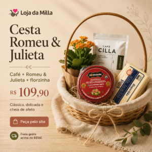 Card da Cesta Romeu & Julieta, com café Cilla, goiabada cascão, requeijão e vaso com flores em cesta de vime com palha. Preço: R$ 109,90.